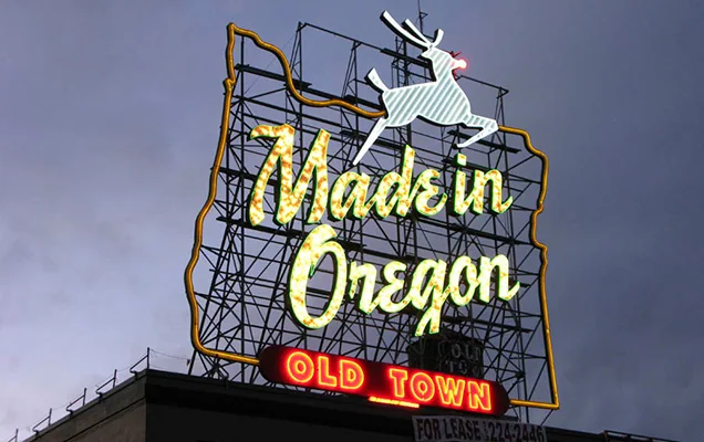 The Made in Oregon / Old Town White Stag sign in Portland, Oregon